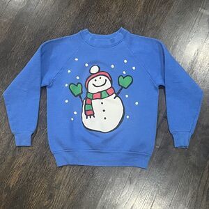 Vintage Snowman Sweatshirt Youth 14-16 Blue Hanes Sweater Graphic USA